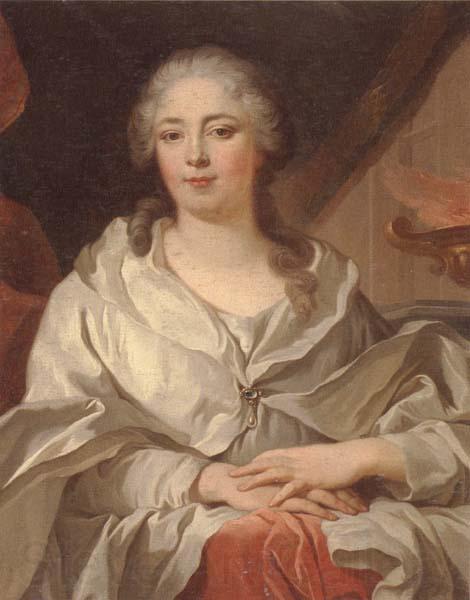 unknow artist Portrait of a lady,half-langth seated,wearing an ivory dress and mantle with a pearl brooch,by a draped curtain and a flaming urn